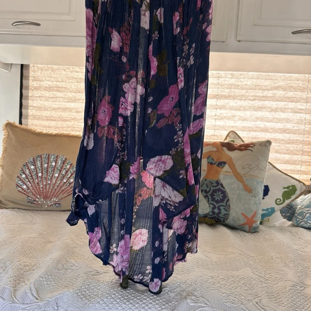 Free People Floral‎ High Low Dress Navy Pink Smocked Back Adj Straps Sz S Boho